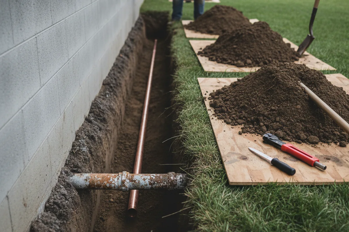 Excavated water line trench during Sewer Line Repair in Ellendale